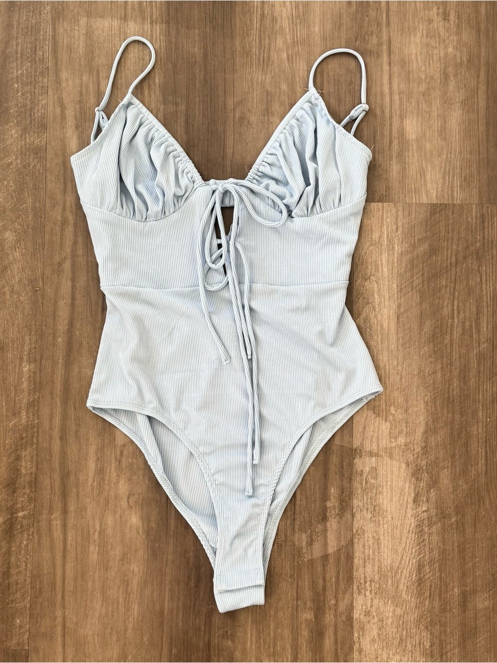 Princess Polly Light Blue Ribbed Body Suit Front Tie